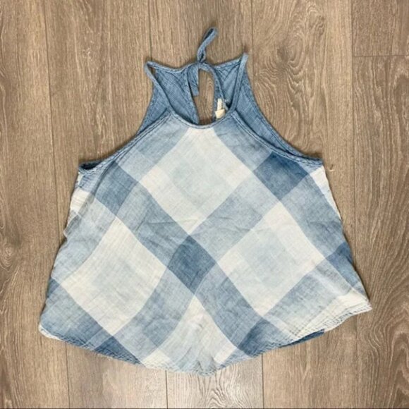 Anthropologie Cloth and Stone Sky Halter Tank Top Plaid Checkered Gauze Blue XS - Picture 9 of 16